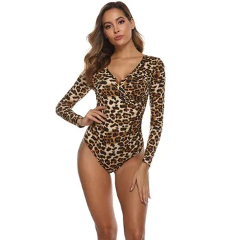 

Women's Summer Long Sleeve Leopard Long Sleeve Romper Jumpsuit Leotard Sheath Bodysuit
