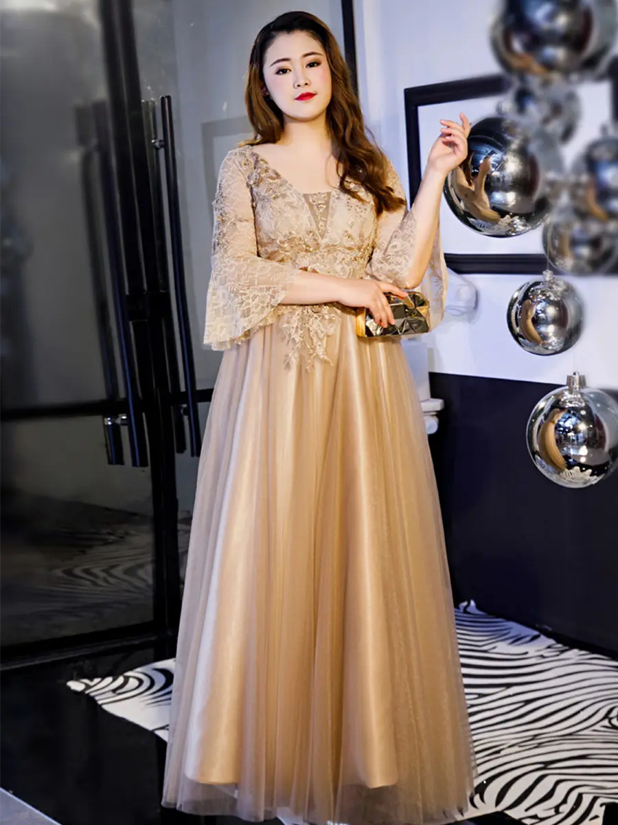 Evening Dress Plus Size Lace Flowers Robe De Soiree T541 Elegant Women Party Dresses Brown Three Quarter Sleeve Prom Dress