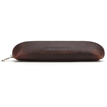 

Retro Cowhide Leather Zipper Pencil Case Business Kids School Office Pen Bag Pouch Stationery