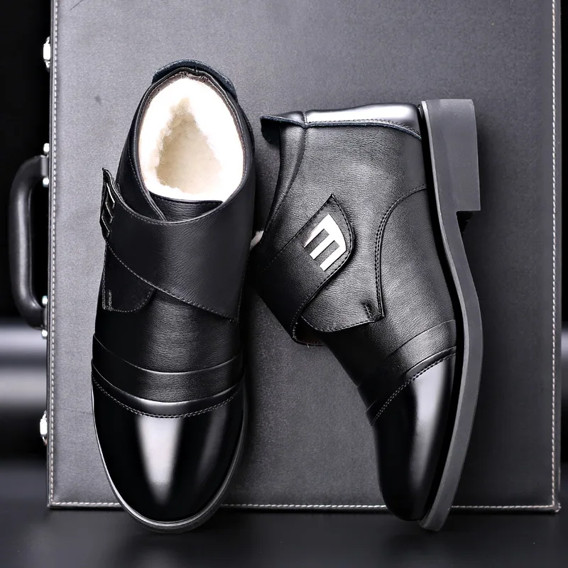 

Winter Boots Men Genuine Leather Shoes Men Comfortable Warm Fur Velvet Fashion Slip-On High Top Shoes Casual Mens Chelsea Boots