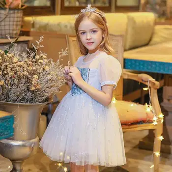 

New Style Kids Sequin Mesh Snowflake Pattern Elegant Dress Children Wedding Party Princess Temperament Knee-length Ball Gown