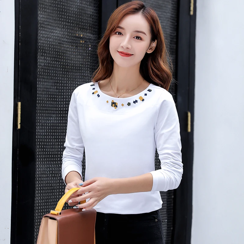 100 Cotton 2021 Spring O Neck Long Sleeve T Shirts Women Embroidery Office Lady Gray White T Shirt Winter Sweet Light Blue Tops T Shirts Aliexpress