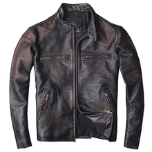 Винтажная Черная Мужская Американская Байкерская кожаная куртка размера плюс 6XL Натуральная Воловья кожа Весенняя приталенная мотоциклетная куртка