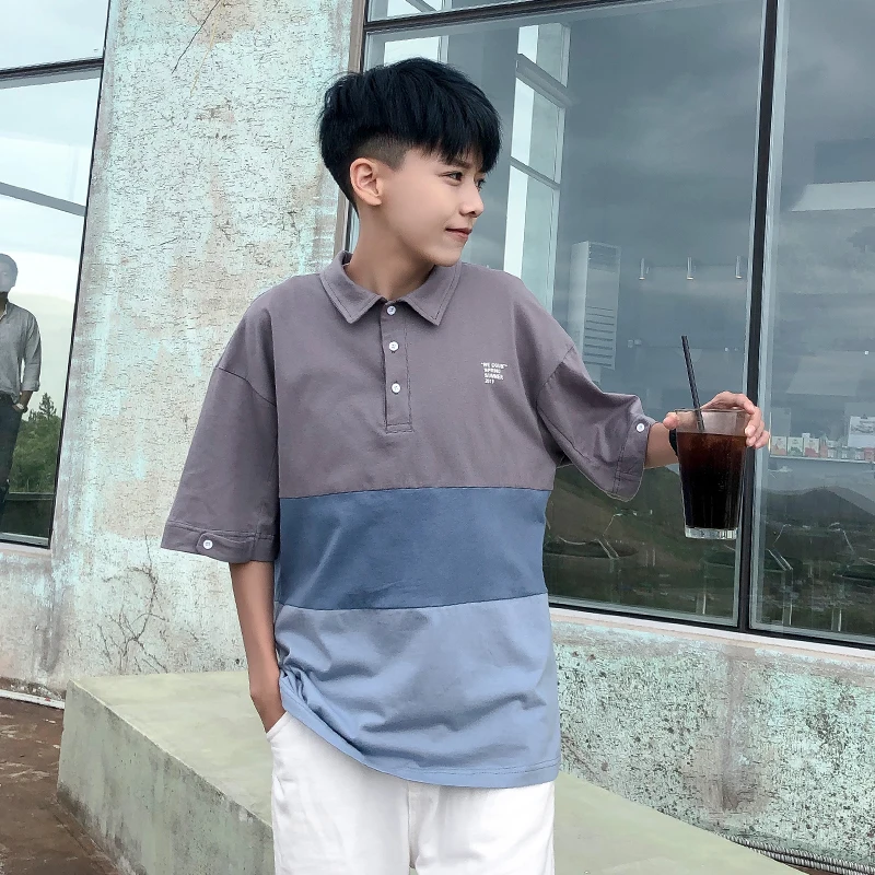 2019 Summer Men's New Casual Contrast Color Stitching Short-sleeved Lapel T Shirt Loose Temperament Trend Cotton Harajuku 2019 Summer Men's New Casual Contrast Color Stitching Short-sleeved Lapel T Shirt Loose Temperament Trend Cotton Harajuku