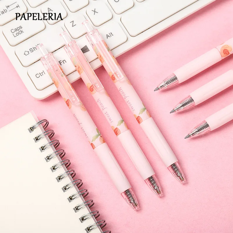 

PAPELERIA 4pcs Kawaii Gel Pens 0.5mm Black Ink Cute Peach Neutral Pen Student Writing Tool Office School Stationery Supplies