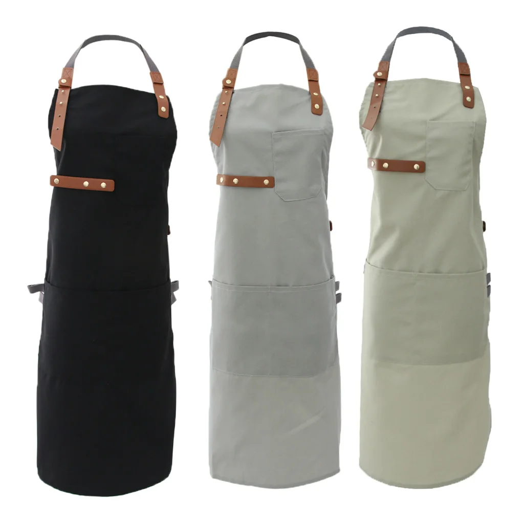 Men Women Chef Canvas Apron Bib Multi Pockets Cafe Kitchen Cooking Painting Work Apron