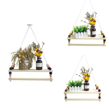 

Nordic Style Wooden Hanging Shelf With Colorful Wooden Beads Wall Decoration Wooden Hanging Shelf #s1