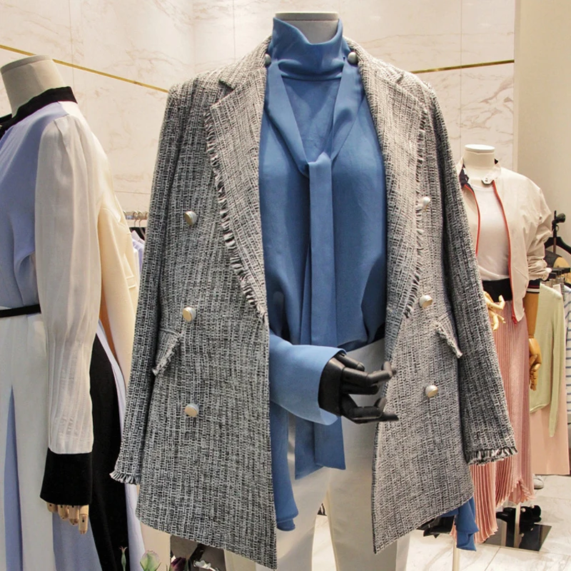 2020 Autumn Winter Vintage Plaid Tweed Blazers Jacket Women Korean Fashion Tassel Suit Coat Outwear Tops