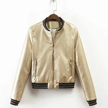 

Metallic Gold Baseball Jacket Winter Autumn Fashion Motorcycle Jacket Outerwear Faux Leather PU Jacket Gothic Faux Leather Coat