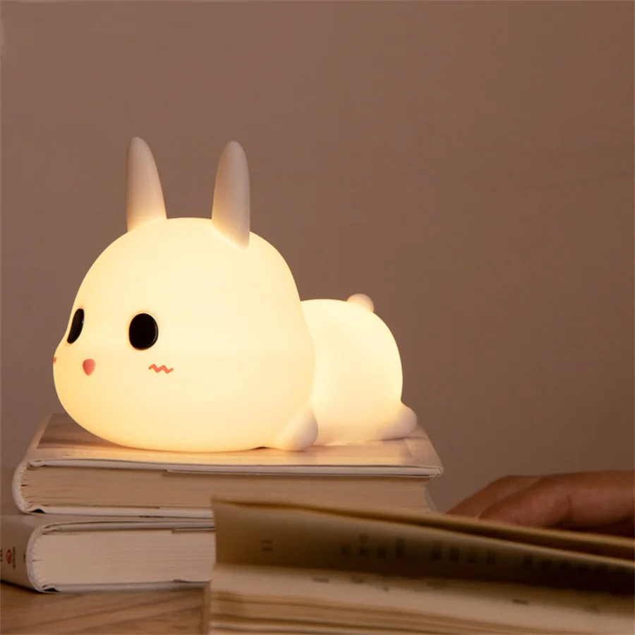 Rabbit LED Night Light Silicone Animal Cartoon Dimmable Lamp USB Rechargeable For Children Kids Baby Gift Bedside Bedroom | Лампы и