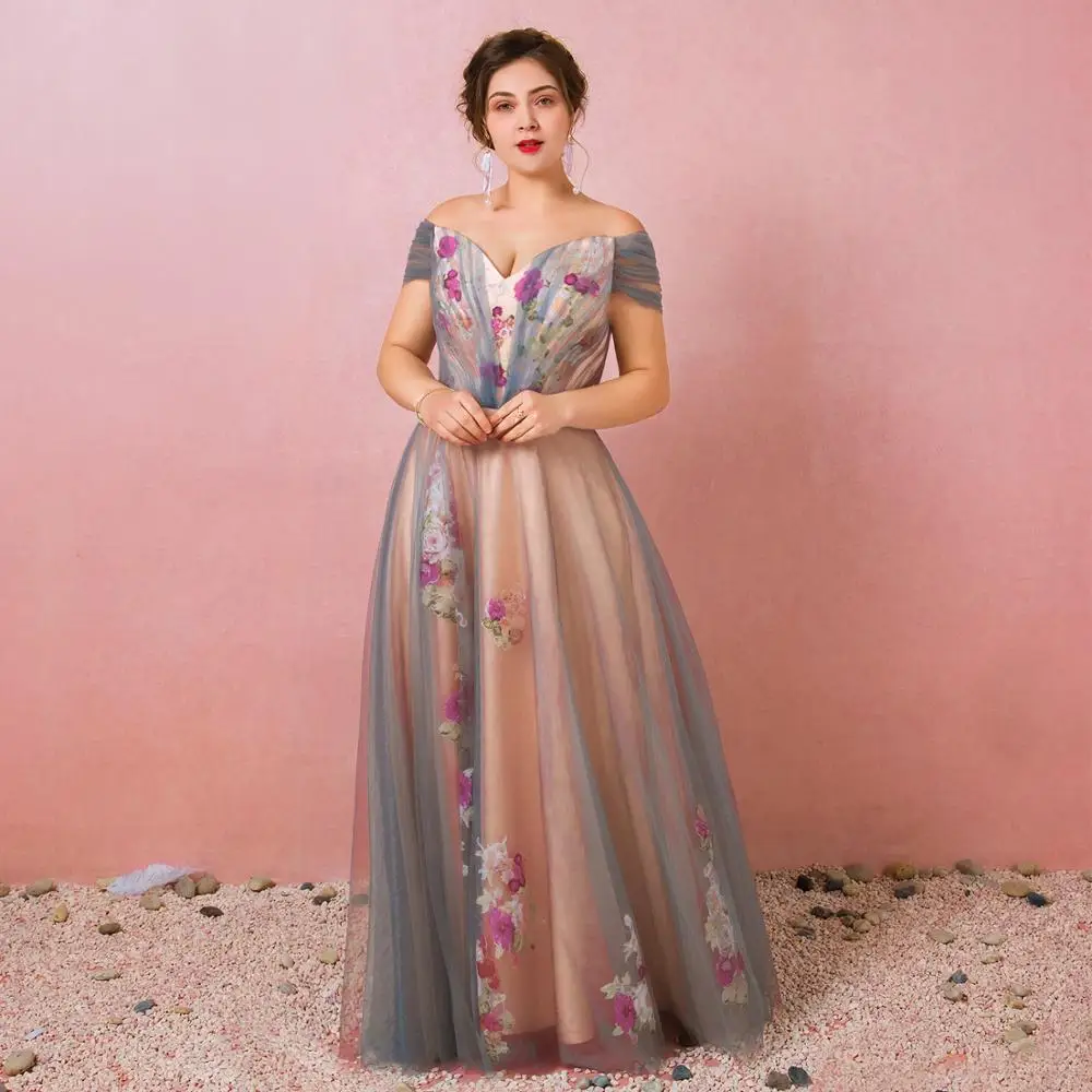

Evening Dress 2019 A-line Floor-length Fairy Two Layer Gray Tulle Floral Pattern Dress Off-shoulder Lace-up Dresses for Party