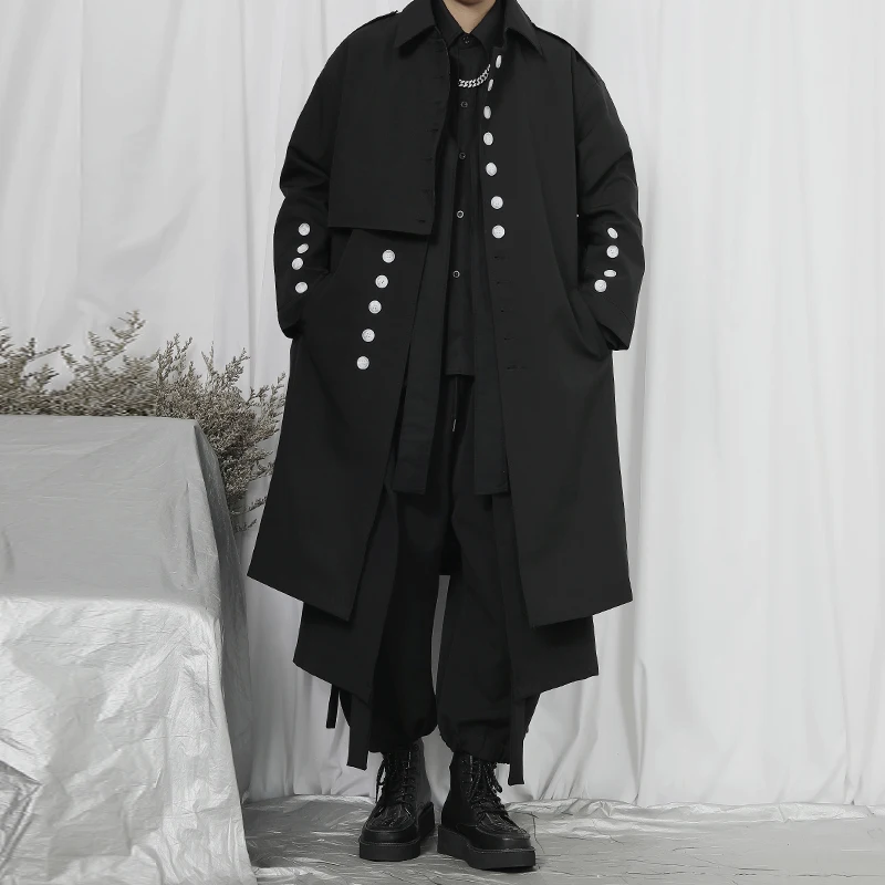 

Men's Long Trench Coat Spring And Autumn Classic Dark Korean Japanese Button Decoration Leisure Loose Large Coat