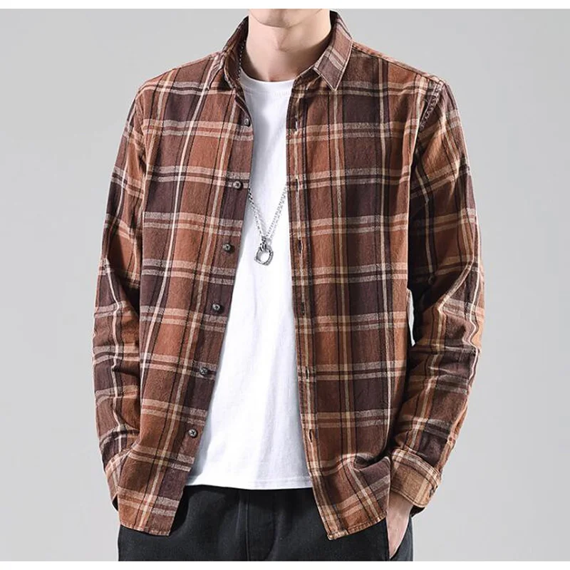 

Shirt For Men Japan Style Retro Loose Plaid Shirts Men's Clothing Long Sleeve Turn Down Collar Blouses