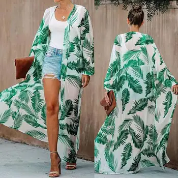 

Printing Chiffon Beach Kimono Cover Boho Long Cardigan Shawl Flower Printing Lantern Sleeve Chiffon Smock Tops #20