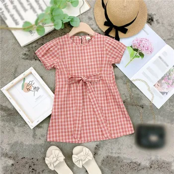 

Summer Girls Dress Casual Plaid Princess Dress Fashion Girls Summer Thin Loose Short Sleeve Lattice Beach Dress Sundress 2-7Y