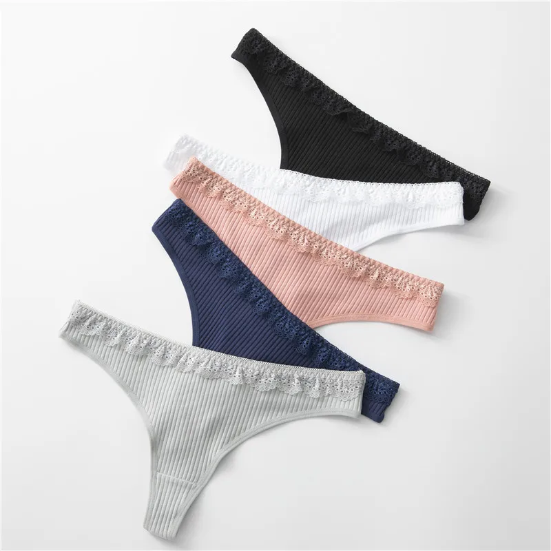 Хлопковые стринги женские брюки с резьбой Кружевная футболка и штаны леди