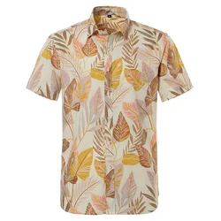 Chemise d'été en pur coton pour hommes, manches courtes, hawaïennes, imprimé plage, grande taille régulière, Blouse américaine 