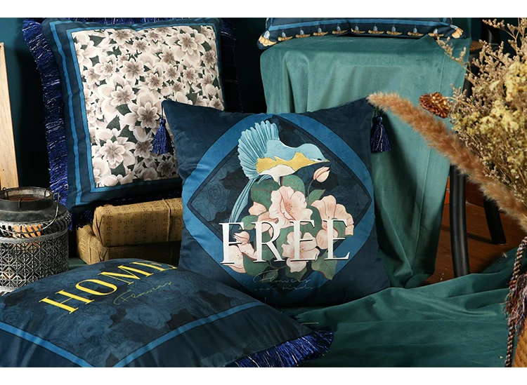 Luxury European Design Bird Velvet Tassel Cushion Cover Pillow Cover Pillowcase Home Decorative Sofa Throw Pillows Living Room
