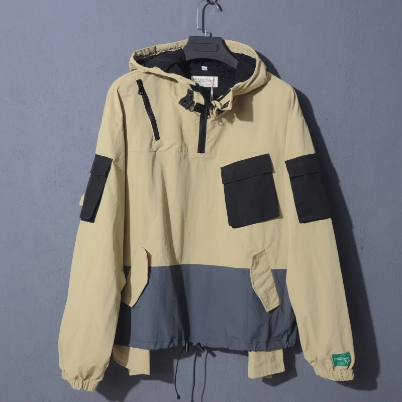 

Nl08 Streetwear Women's Hip Hop Cool Multi-pockets Tooling Jacket Men's Loose-Fit Coat Men's Hooded Pullover Raincoat Jacket Fas