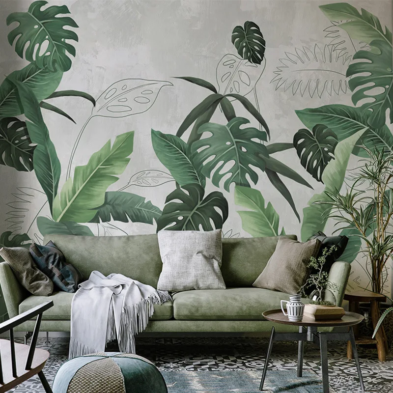 

Rui xi Southeast Asian Rainforest Plant Wallpaper Green Northern European-Style Leaves Mural Bedroom TV Backdrop Wall Wallpaper