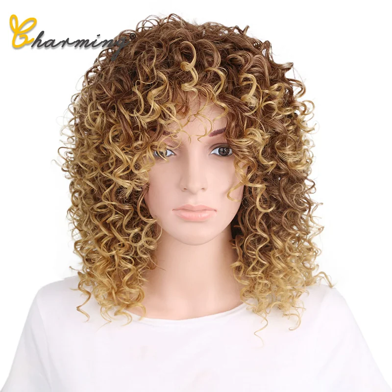 

CHARMING Short Afro Wigs for Black Women Kinky Curly Ombre Blonde Synthetic Wigs African 16 inch