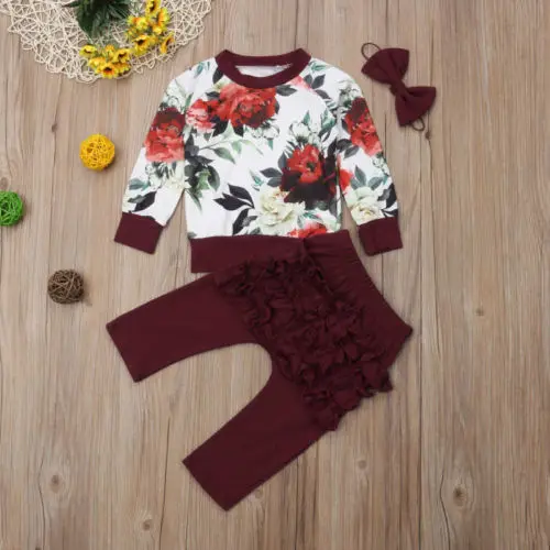 Одежда для новорожденных девочек зимняя одежда топы с цветочным принтом+ штаны с оборками комплект одежды из 3 предметов