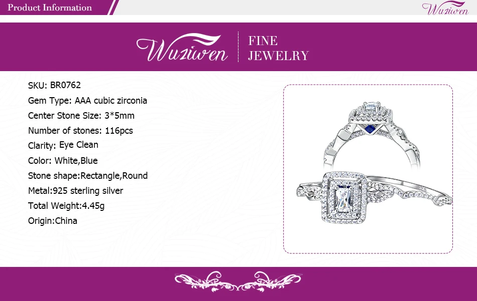 Wuziwen, 925 пробы, серебряное, обручальное кольцо, наборы для женщин, обручальные кольца, белый прямоугольник, циркониевые ювелирные изделия, подарок BR0762