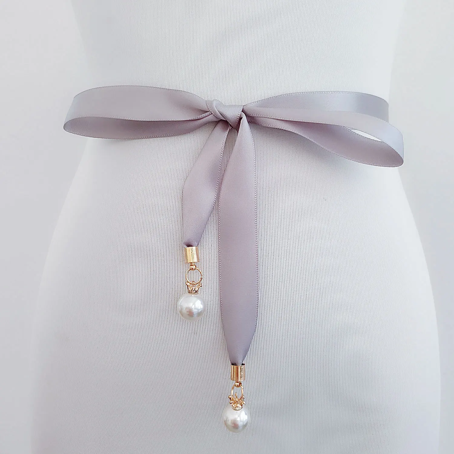 Жемчуг кулон стильное платье на выпускной ремень высокого качества двухсторонний атласный пояс жемчужный пояс тонкое на платье невесты свадебное Пояс - Цвет: Светло-серый