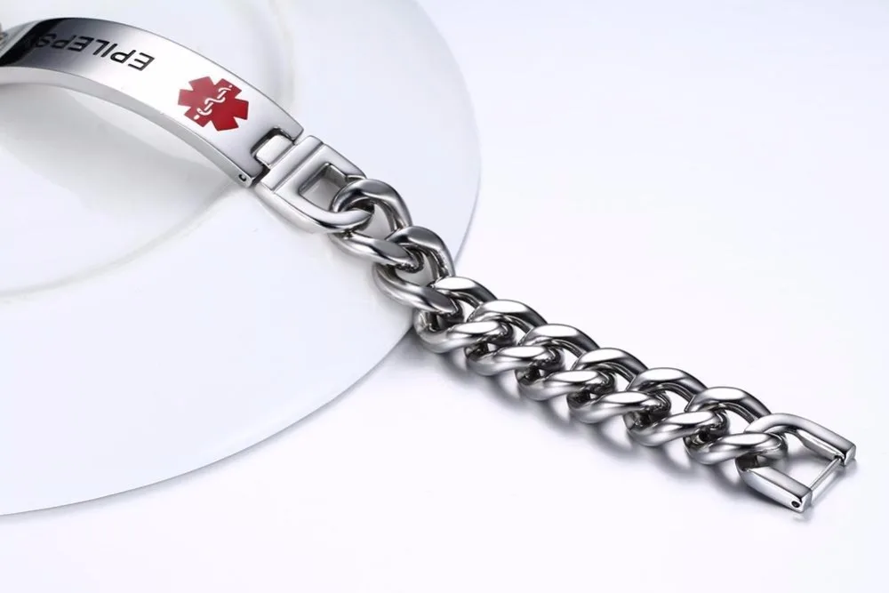 Mens Medical Alert ID Bracelets Stainless Steel Link Chain Wrist EPILEPSY 17