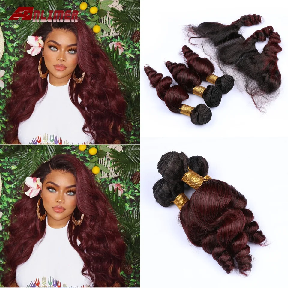 Anlimer 1B/99J Burgundy Bundles with Frontal 13*4 Peruvian Wave Human Hair Ombre 99J Non-Remy | Шиньоны и парики