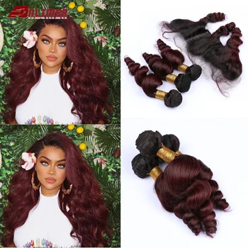 

Anlimer 1B/99J Burgundy Bundles with Frontal 13*4 Peruvian Wave Human Hair Ombre Bundles with Frontal 99J Burgundy Non-Remy