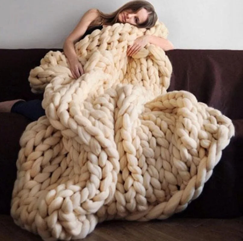 

18 Styles New Merino Blanket for Adults Thick Warm Hand-knitted Super Thick Wool Blanket Winter Super Soft White Vs Pink Blanket