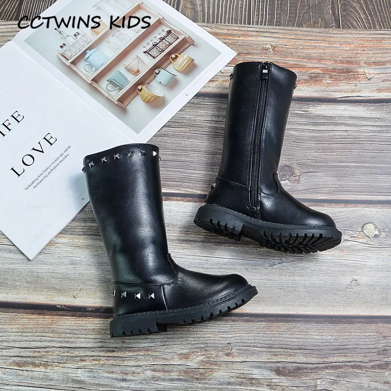 CCTWINS/детская обувь; коллекция года; зимние детские брендовые ботинки; детская теплая обувь из искусственной кожи; модные сапоги до колена для девочек; HB073 - Цвет: Thin Black