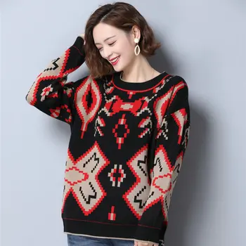 

Autumn Winter Chic Floral Cashmere Pullover Sweater Women Red Black Khaki Wool Knitted Top Jersey Korean Sweaters Jumper Woman