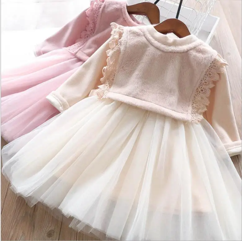 Модный комплект одежды для маленьких девочек, кружевной топ, жилет+ платье с пачкой из сетки, детские зимние платья принцессы для девочек, одежда, 5 шт./лот