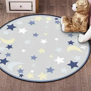 

15 Children Round Rug Blue Grey Star Moon Printed Kids Rug Room Velvet Non Slip Mat Carpet Soft Bedroom Big 100CM 120CM