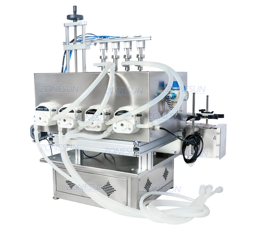 ZONESUN ZS-DTPP4E Пневматическая автоматическая машина для наполнения жидкостью с 4 насадками Лосьон Глазные капли Сок Масло Гелевый наполнитель Перистальтический насос