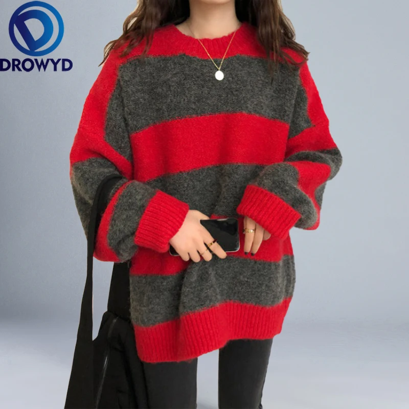 Striped Pullovers Sweater Women 2020 Fall Soft Cotton Loose Knitted Hot Tide O-neck Thick Winter Korean Casual Simple Chic Tops | Женская