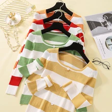 ^^Best Offers Women Striped Square Collar Button Pullovers Ladies Winter knit Red Orange jumper elasticity Autumn Long Sleeve 2019 Sweaters ^^Best Offers Women Striped Square Collar Button Pullovers Ladies Winter knit Red Orange jumper elasticity Autumn Long Sleeve 2019 Sweaters