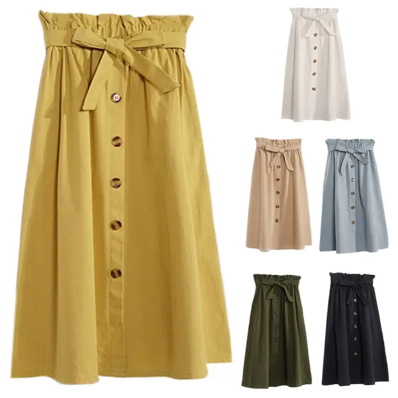 

Women Girls Ruffles High Waist Knee Length Pleated A-Line Skirt Single Breasted Button Up Belted Solid Color Flared Skater BX0A