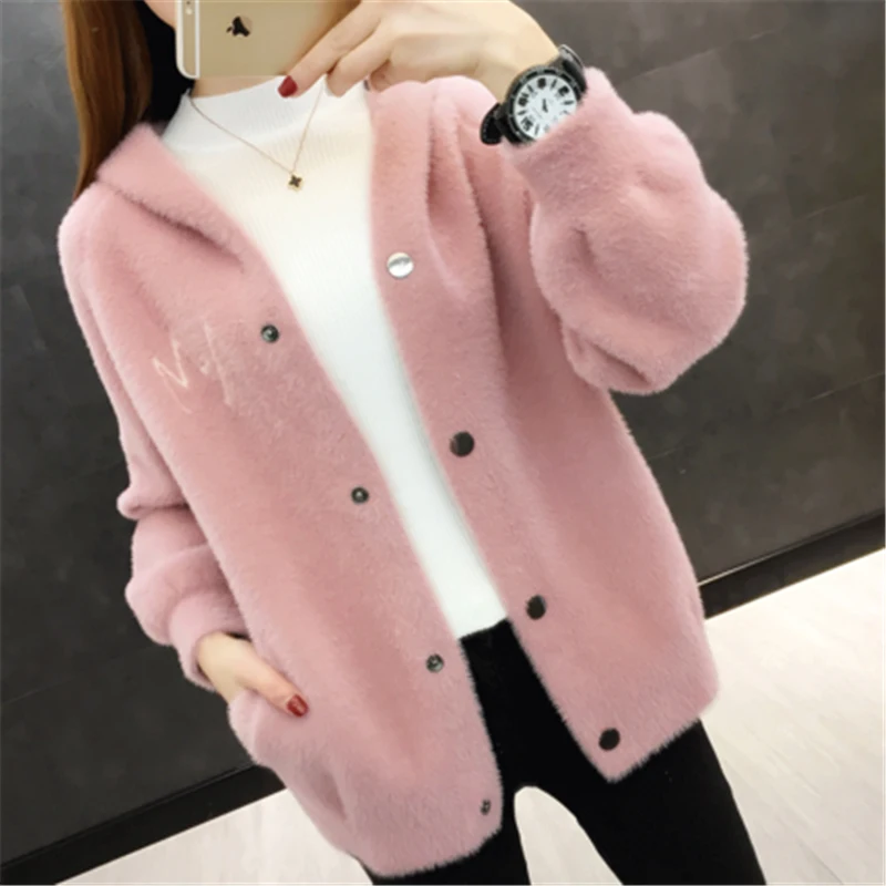 Imitation Mink Cashmere Sweater Coat Women 2020 New Autumn Hooded Loose Knit Cardigan Zipper Short Jacket Female AN330 |