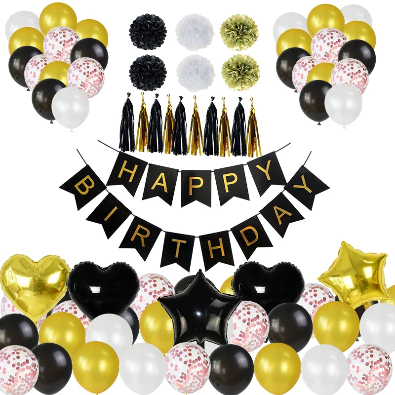 

65Pcs Happy Birthday Banner Confetti Latex Balloons Star Foil Balloons Paper Pom Poms Tassels for Party Decorations Kit