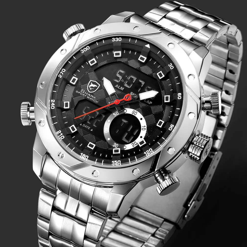 Спортивные часы Snaggletooth SHARK, ЖК-дисплей, Автоматическая Дата, будильник, стальной ремешок, хронограф, двойное время, Мужские кварцевые цифровые наручные часы Relogio/SH589 - Цвет: Silver Black SH590