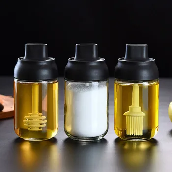 

Glass spice bottles Pepper Cruet Moistureproof Honey Oil Tank Seasoning Bottle Cover Cuchara Cover brush together Condiment Jar