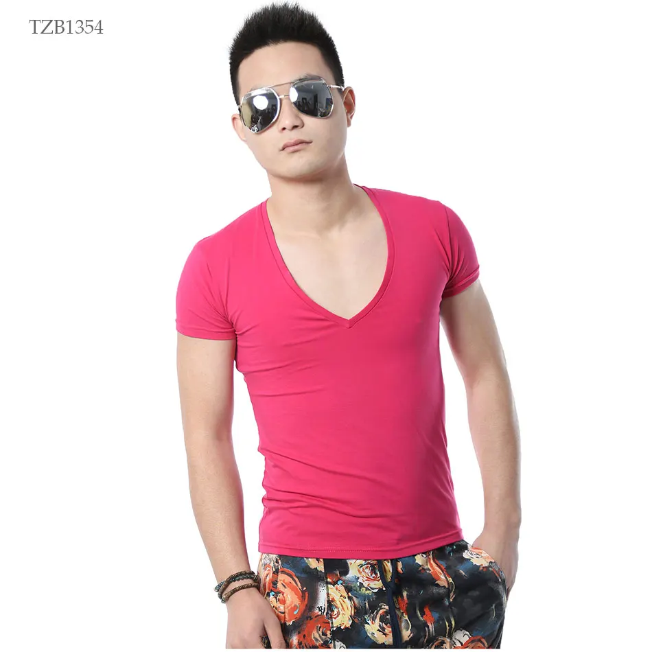 Zecmos глубокий v-образный вырез Сексуальная мужская футболка Винтаж с коротким рукавом сплошной цвет облегающая футболка мужская Топ