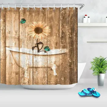 

Rustic Old Plank Bathtub Sunflower Fabric Shower Curtain Set for Bathroom Decor