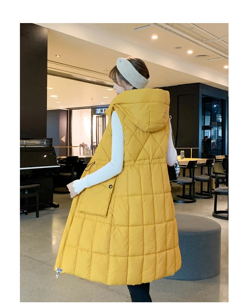 SWREDMI Vest Women Coat Long Slim Drawstring Waistcoat Overcoat Sleeveless Female Jacket Down Cotton Padded Warm Vest Hooded