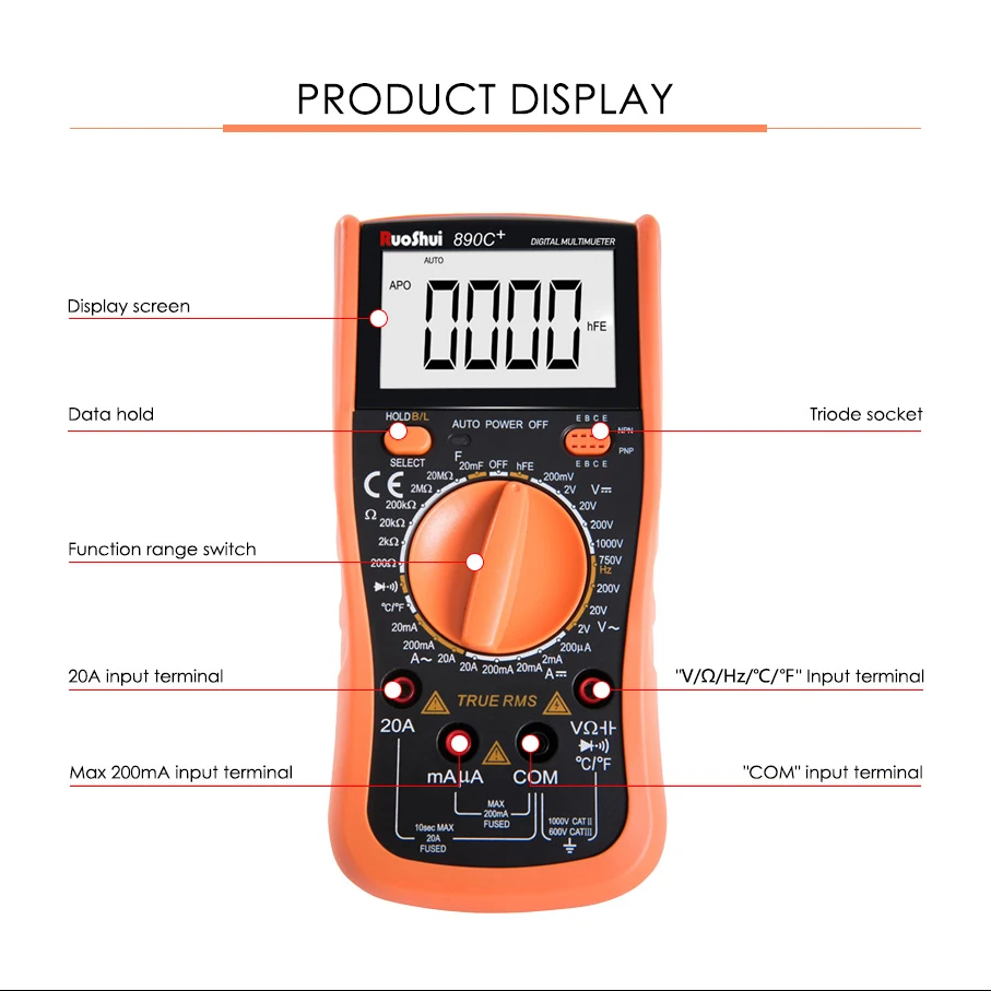 RuoShui 890C+ профессиональный мультиметр True RMS Высокая точность mulitifuct противоударный чехол диод Тест цифровой мультиметр victor мультиметр