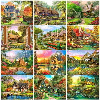

HUACAN 5D Diamond Painting Full Drill House Diamond Embroidery Cross Stitch Landscape Mosaic Handmade Home Decoration