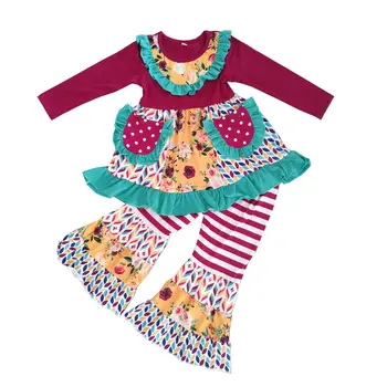 

Baby girls burgundy long sleeve fall floral print hot sale kids boutique pocket design bell bottom pants outfits clothing sets
